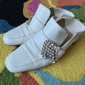 STUART WEITZMAN White Mules with Rhinestone Embellishment